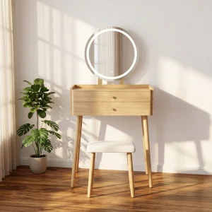 Modern Nordic Wooden Makeup Vanity Table with LED Mirror and Stool Minimalist Japandi Dressing Desk with Drawers