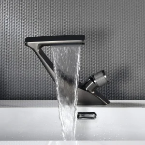 Modern Full Brass Waterfall Faucet, Single-Handle Gunmetal Gray