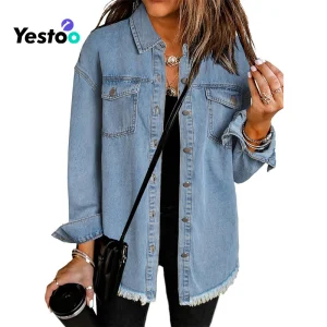 Women's Oversized Denim Jacket Casual Long Sleeve Denim Shirts Distresse Jean Jacket 2025 Spring Outfits