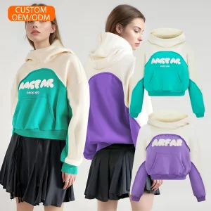 Custom Women's Home Wear New Arrivals 100% Cotton Embroidery Heavyweight Color Block Hoodie Loungewear Pullover Wholesale