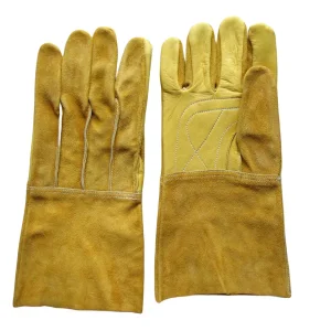 Cow Grain Double Palm Long Split Leather Cuff Protective Glove
