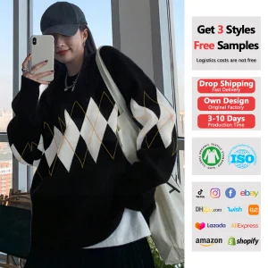 Women'S Oversized Cool Sweater Y2K Casual Long Sleeve Pullover Argyle Pattern Drop Shoulder Knitwear Top