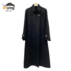Boying Women's New Style Long Woolen Coat with Double Sided Cashmere Stand Collar Single-Breasted Closure for Autumn Winter