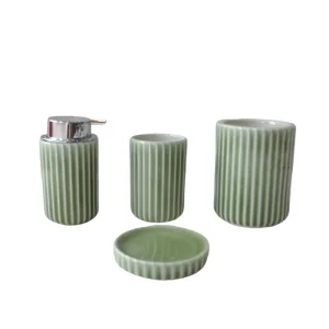 Wholesale Light Green Vertical Striped Stoneware Bathroom Accessory Set Factory, Companies