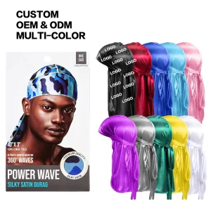Custom Logo Low MOQ 19 Colors Silky Durag with Long Tail Wide Strap for Men Women Silk Satin Durag Headwraps Wave Cap