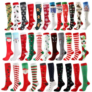 Christmas Compression High Stockings Women Men Pressure Socks Compress Sports Pattern Running Knee High Nylon Run Socks