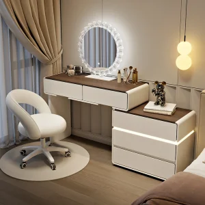 Modern Luxury Design Dressing Table With Led Mirror Cream Wooden Makeup Cabinet Small Apartment Master Bedroom Furniture