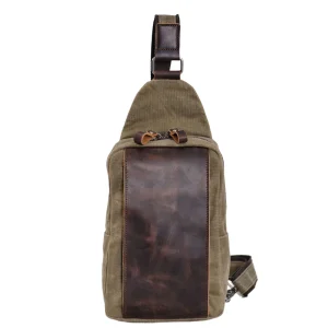 Casual Men's Chest Bag Batik Canvas Cowhide Waterproof Crossbody Bag Outdoor Travel Small Satchel Simple Daily Small Bag