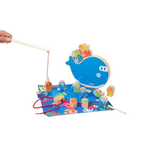 Montessori Wooden Fishing Game Set 4-in-1 Balance Stacking Beading Toy Toddlers Magnetic Fish Catching Fine Motor Skill