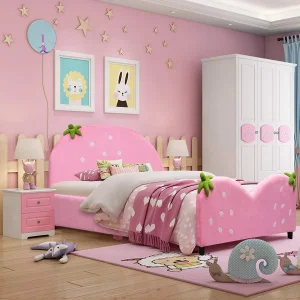 Camas gemelas de princesa para niños, cama de plataforma de metal tapizada con soporte de listones