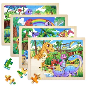 Wholesale 60 Pieces Dinosaur Wooden Puzzle Board 4 in 1 Jigsaw Puzzles Montessori Educational Learning Toys for Kids Toddlers