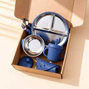 Dishwasher Safe Custom Silicone Suction Baby Bowl Divided Plate Stainless Steel Baby Feeding Set with Removable Silicone Sleeves