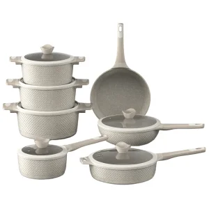 7PCS Non Stick Cookware Set Granite Coating Interior Matte Finish Exterior Pots and Pans Aluminum Die Cast Cookware Set with Induction Bottom