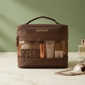 Wholesale Semi See Through Mesh Toiletry Bag With Coffee Color Edge Portable Makeup Organizer for Hotel Amenity Bulk