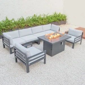 Luxury Metal Aluminum Frame Sectional Sofa Patio Outdoor Garden Sofa Set with Fire Pit Table