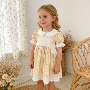 Toddler Girls Vintage Floral Dress Summer Peter Pan Collar Lace Trim Puff Sleeve Princess Dress for Birthday Party Kid Clothes