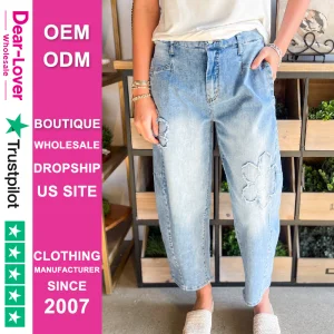 Dear-Lover Wholesale Boutique Western Clothing Pantalones Mujer Fashion Trendy Flower Patched Light Wash Cropped High Waist Jeans