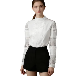 TKAN729 Custom Women's Slim Long-Sleeve Blouses with Lace Hook Flower Hollow White Shirt Decorated Sequins Embroidery Feathers