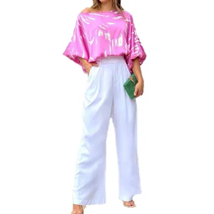 Conjunto de Duas Peças com Estampa Doce, Gola Redonda, Camiseta Curta e Calça Larga, Roupas Femininas
