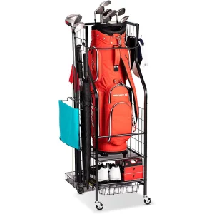 SIMPLY Perforated Aluminum Wire Golf Bag Storage Rack with Wheels