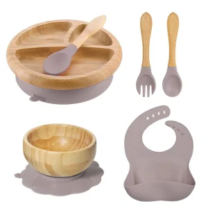 Bamboo Baby Food Plate Weaning Kids and Toddler Suction Smile Plates Divided Platter Feeding Dishes With Silicone Fork and Spoon