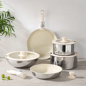 Stainless Steel Detachable Handle Cookware Set Fry Pan Sauce Pot Milk Pot with Glass Lid Triple Ply for Home Use