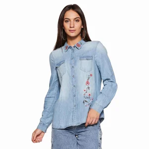 Women's Vintage Summer Denim Blouses Long Sleeve Shirt with Button Organic Cotton Custom Colors-OEM/ODM Professional Workwear