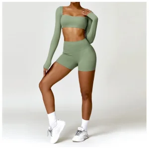 Women 2 Piece Yoga Finesss Activewear Suit Square Neck Long Sleeve Crop Tops High Waist Biker Shorts Workout Gym Sets