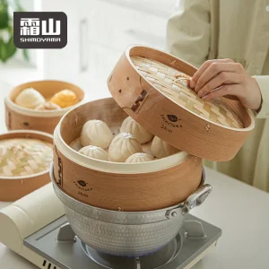 SHIMOYAMA Chinese Bamboo Steamers Basket For Cooking Dim Sum Soup Dumpling Natural Bamboo Base