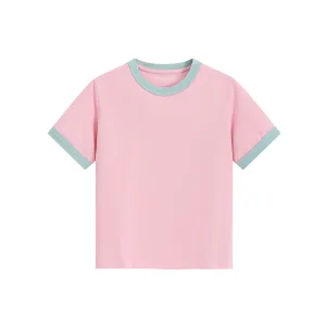 Creative 260g Heavyweight Women's T-shirt Contrast Color Stitching Shoulder Print Short Top for Trendy Pink Summer Look