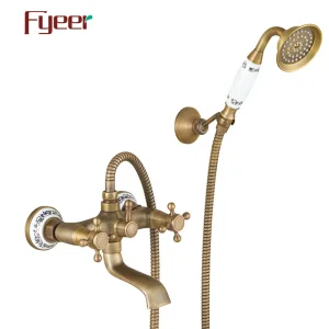 Fyeer Double Handle Antique Brass Bath&Shower Mixer with Ceramic Base
