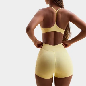 FH Soft Buttery Yellow 2-Piece Yoga Set Breathable Halter Sports Bra V-Waist Biker Shorts Workout Outfit for Women