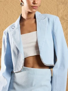 Custom Summer Fashion Sexy Y2K Women's Daily Casual Ice Blue Notch Collar Drop Shoulder Rhinestone Crop Blazer