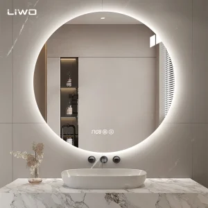 Home Decoration Bathroom Round Smart LED Mirror with Backlit Light Glass Mirror with Anti-Fog Bluetooth Cosmetic Decorative Vanity Makeup Wall Furniture