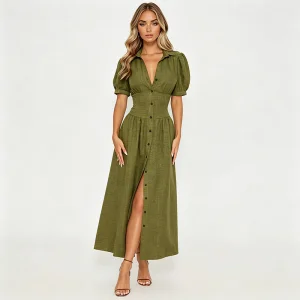 Vestido Maxi Longo de Linho Verde Oliva