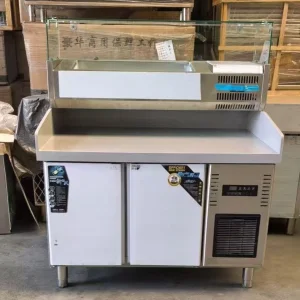 48" Commercial Refrigerated Pizza Prep Table Two Door with 8 Gn1/6 Pans and Marble Cutting Board with Large Space Marble Countertops