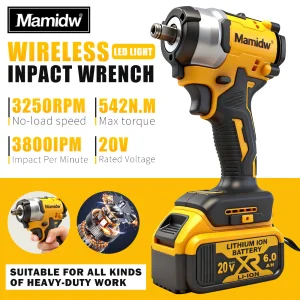 3250RPM Brushless Impact Wrench LED Cordless Driver Large Torque Variable Speed Electric Wrench for 20V Battery