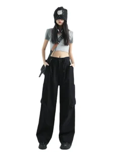 Custom Logo OEM Manufacturer Pocket High Waist Streetwear Baggy Denim Ladies Long Parachute Cargo Pant for Women Overall Trouser