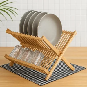 Modern Heavy Duty Bamboo Hook Type Foldable Multifunction Wall Mount Double Tier Kitchen Use Dish Rack Air Drying Stand