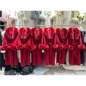 RXFurs Autumn Winter Thick Warm Elegant Long Style Fancy Design Big Fox Fur Collar Women 100% Wool Overcoat Cashmere Fur Coat