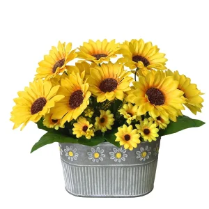 Silk Floral Sunflowers Metal Pot