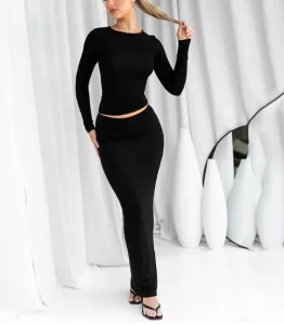 Women Fashion Long Sleeve Top Bodycon Skirt Two-Piece Set