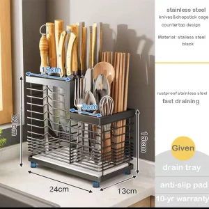 304 Stainless Steel Kitchen Countertop &amp; Wall Mounted Rack, Multifunctional Storage Shelf with Knife Holder, Chopstick Cage and Drain Tray