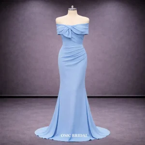 Sky Blue off Shoulder Sweetheart Mermaid Satin Evening Prom Dress with Long Train