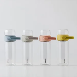 Grinkwell 12oz Double Wall Multi Color Glass Water Bottles with Two Compartments