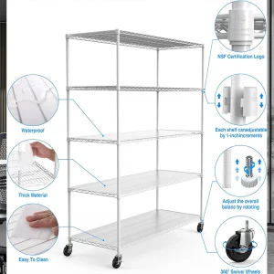 5 Layers Adjustable Rolling Storage Shelves Wire Rack Warehouse Metal Wheels Shelving Home Chrome Wire Shelving