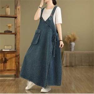 Women's High Waisted Denim Maxi Skirt Vintage Blue Washed Casual Summer Skirt, Midi to Ankle Length, Button Front &amp; Pockets