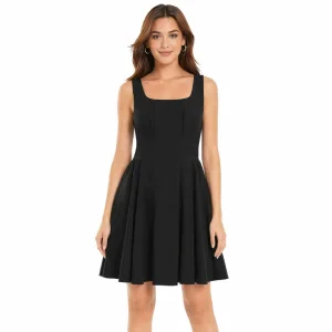 Vestido Mini Sem Mangas Preto Sólido com Gola Alta para Mulheres, Decote Quadrado, Corte A, Casual para Trabalho na Primavera, Outono e Verão