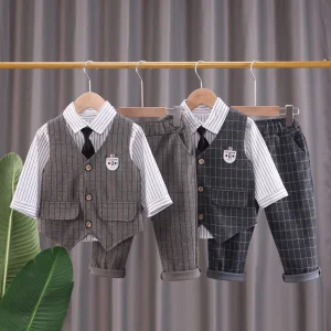 Ropa de caballero para niños, traje elegante para cumpleaños, bodas y fiestas, conjunto casual para bebés, camisa a rayas, chaleco, pantalones, disfraz