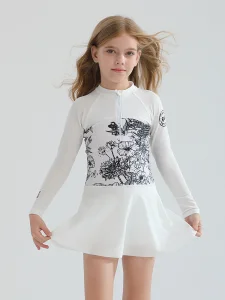 Vestido de baño de manga larga para niñas, traje de baño de una pieza con flores, protección UV, camiseta contra erupciones, ropa de playa para niños, disfraz de natación